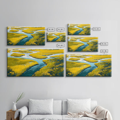 Marshland Landscape, marsh painting, landscape painting, above sofa art, extra wide art, panoramic art, Framed Canvas Print
