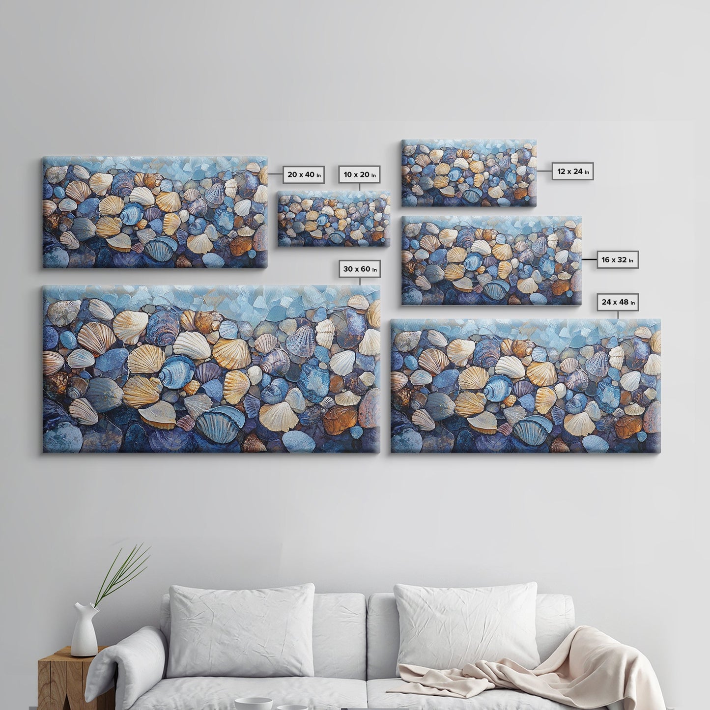 Seashell Beach Art, coastal wall art, oyster shell painting, blue and green wall art, framed canvas print, extra wide art