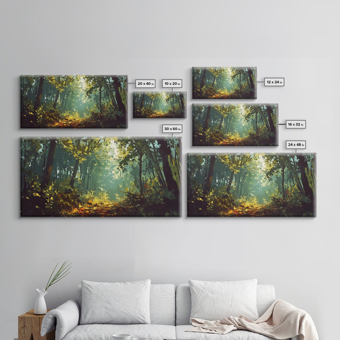 Forest Path, Sunlit Trees, Green Wall Art, Nature Landscape, Panoramic Painting, Rustic Wall Art, Framed Canvas Print