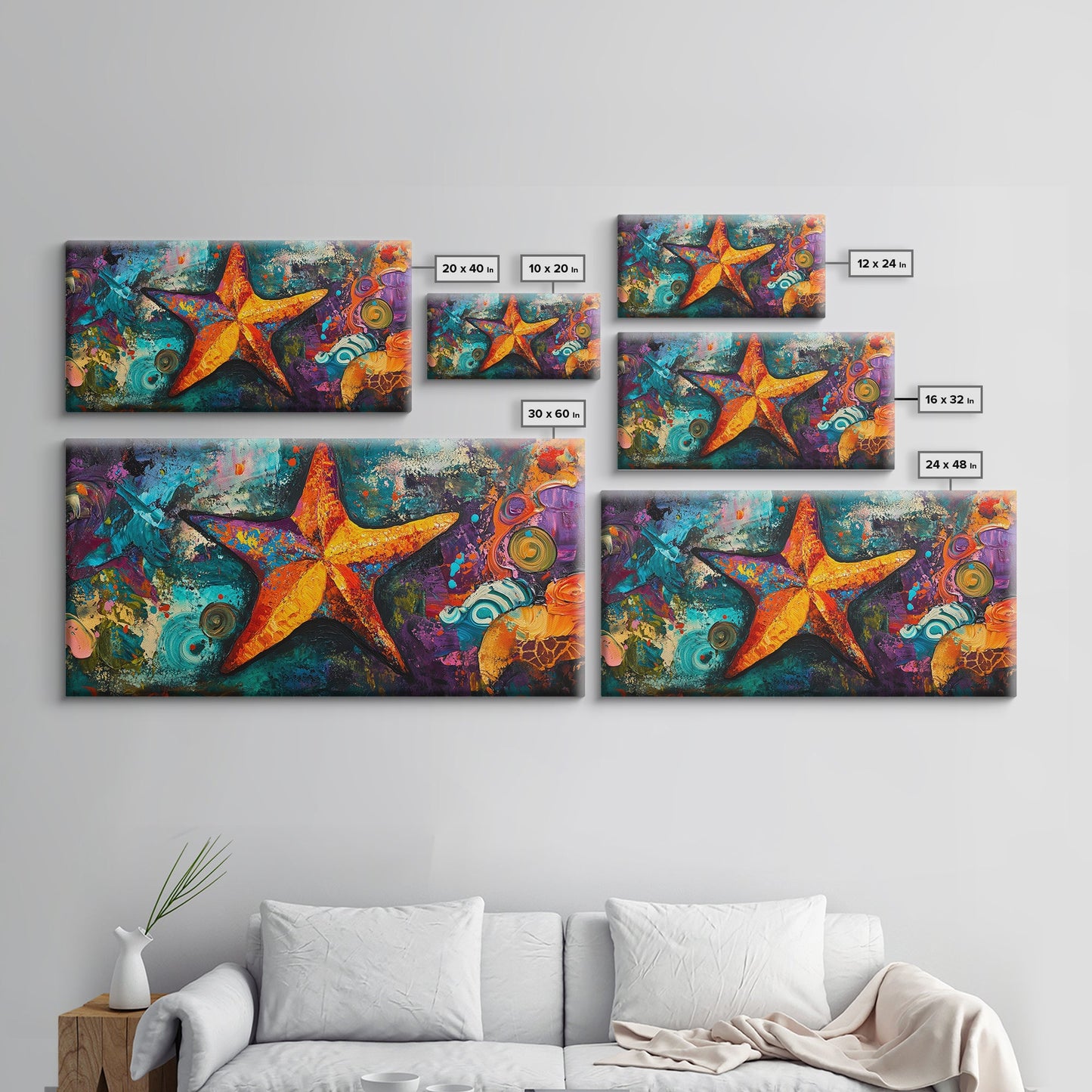 Vibrant starfish, coastal abstract, nautical decor, framed canvas print, ocean painting, coastal painting, whimsical art