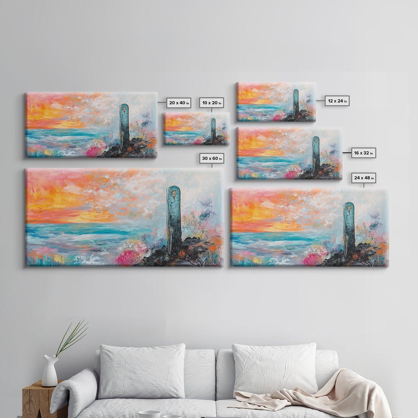 Sunset Over Ocean, pink orange wall art, coastal wall art, abstract seascape, vibrant landscape painting, Framed Canvas Print