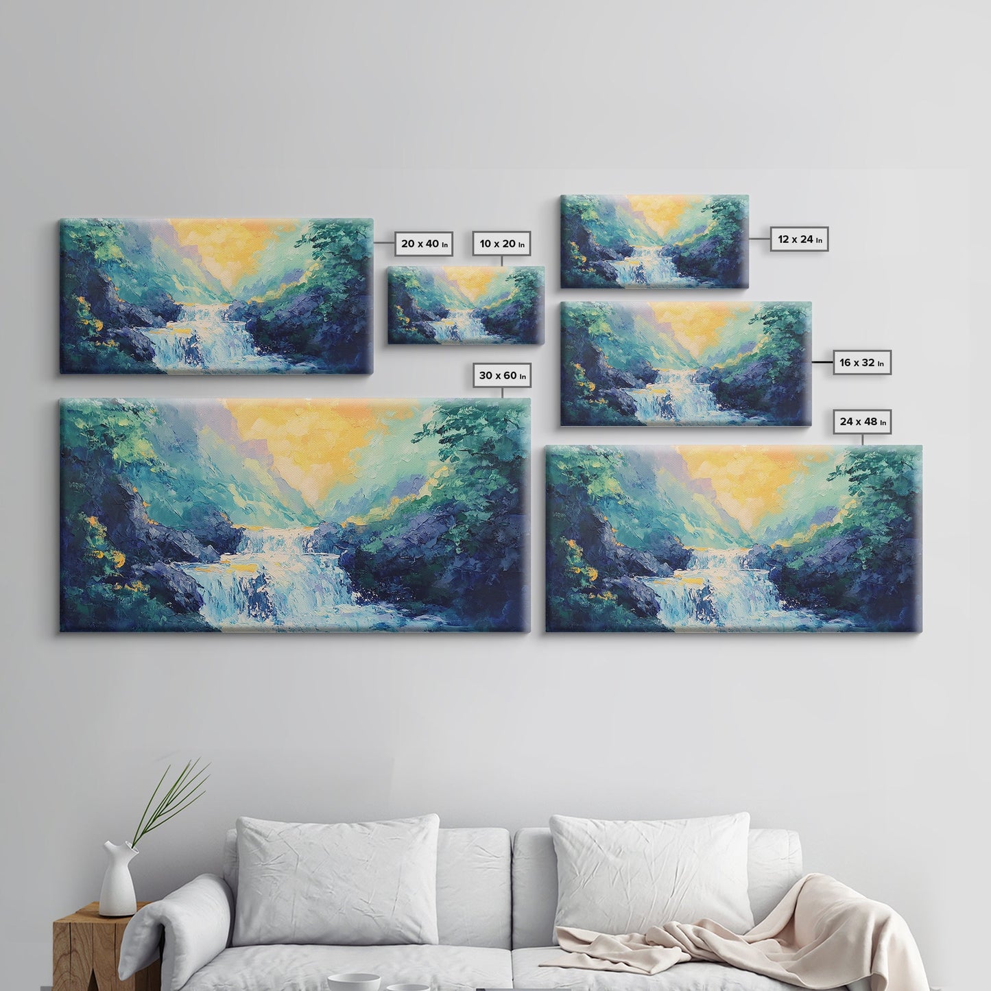 Waterfall Painting, Canvas Print, mountain painting, extra wide painting, nature landscape art, panoramic art, bedroom wall art