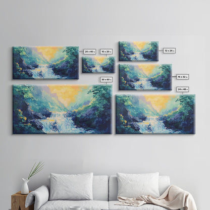 Waterfall Painting, Canvas Print, mountain painting, extra wide painting, nature landscape art, panoramic art, bedroom wall art