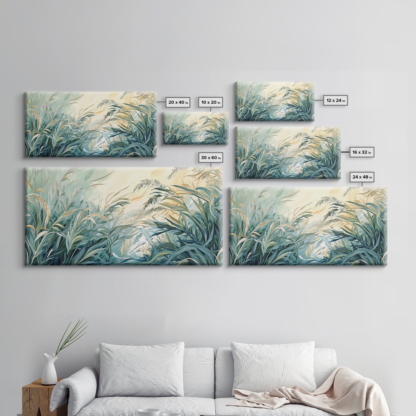 Green grass, warm light, Canvas Print, wabi sabi wall art, sage green wall art, botanical prints, extra wide art, minimalist art