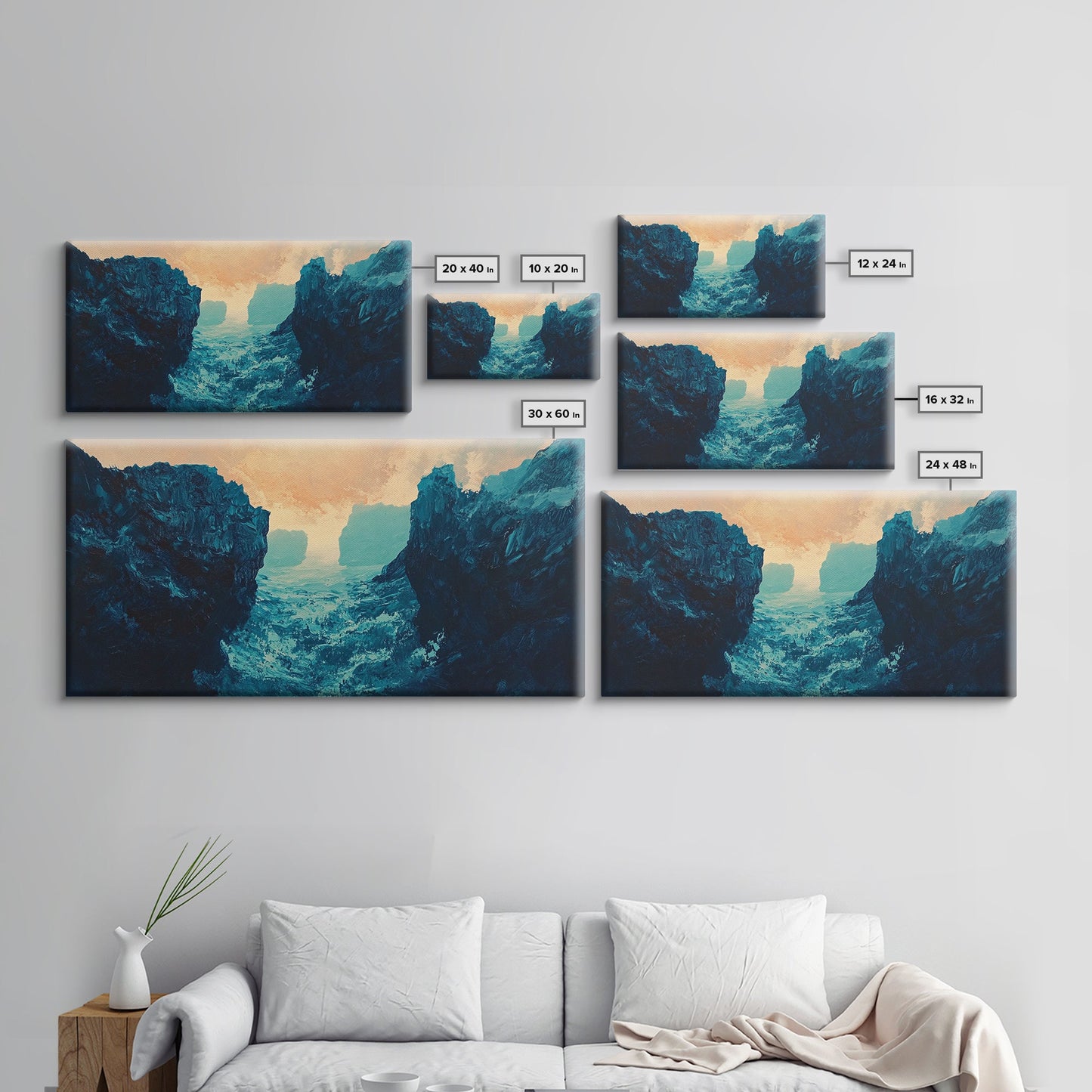 Moody Landscape, dramatic canyon, abstract oil painting, blue and green wall art, panoramic art, Framed Canvas Print, extra wide art