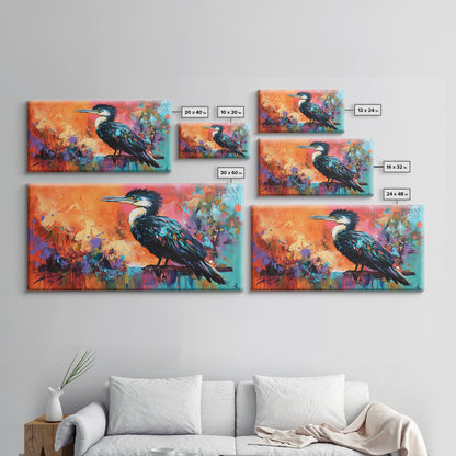 Colorful Bird, bird art, whimsical art, teal wall art, abstract wildlife painting, vibrant decor, boho art, Framed Canvas Print
