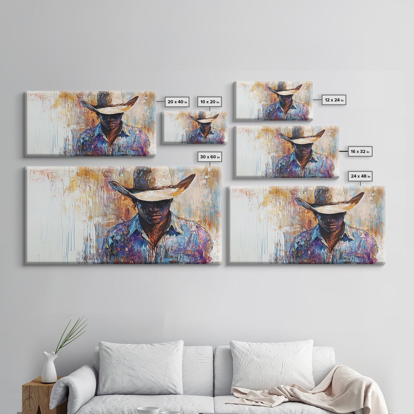 Western Cowboy, black cowgirl painting, rustic wall art, moody art, textured painting, cowboy hat art, farmhouse decor, Canvas Print