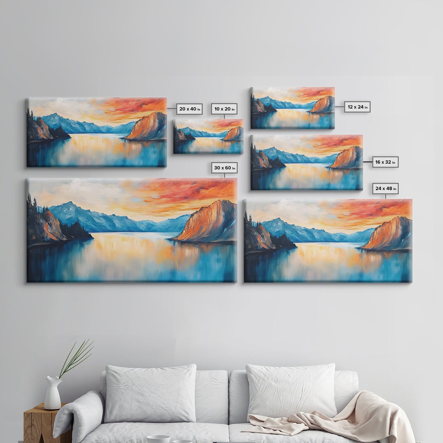 Mountain Lake Painting, Landscape Art, Lake Tahoe Art, Smoky Mountain Art, Rustic Decor, Sunset Wall Art, Extra Wide Art, Framed Canvas Print