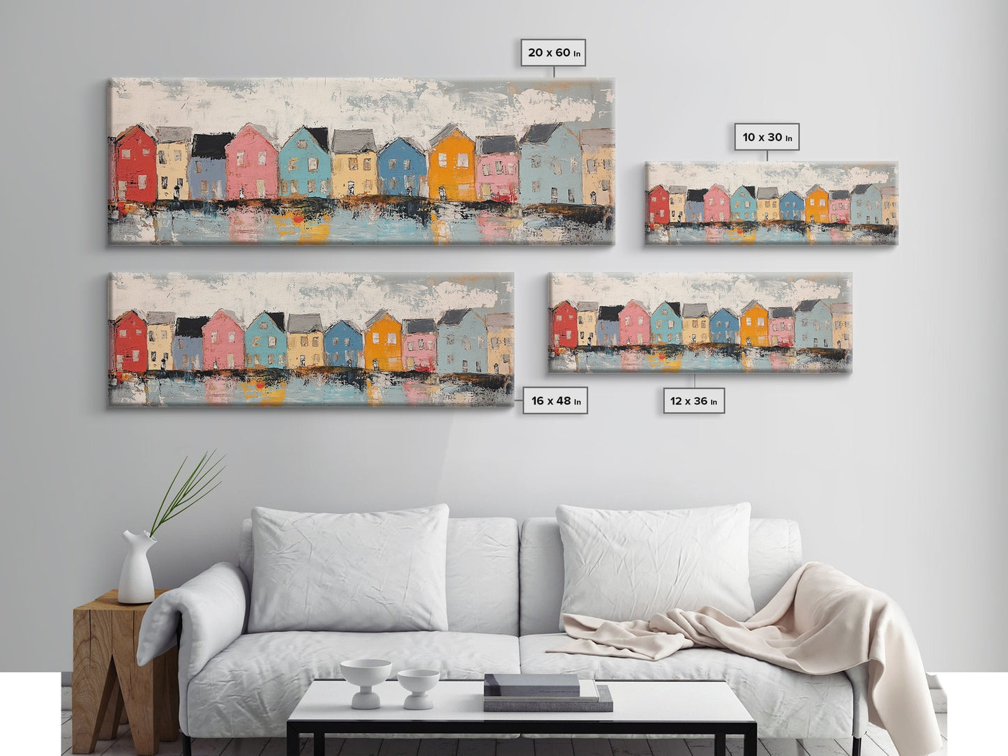 Coastal Village Houses Framed Canvas Print Colorful Seaside Town Painting Rustic Home Wall Art Nautical Decor Large Wall Art