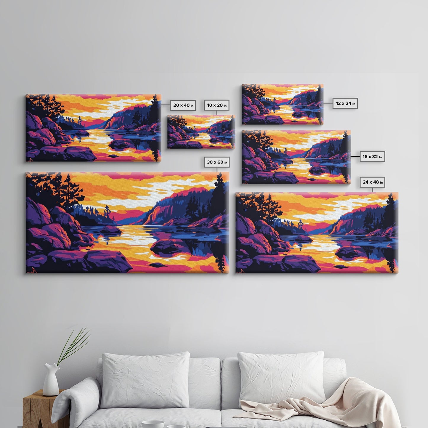 Golden Sunset, Rocky River, Mountain Reflection, Canvas Print, Rustic Lodge Wall Art, Autumn Home Decor, Warm Nature Painting, Colorful Art