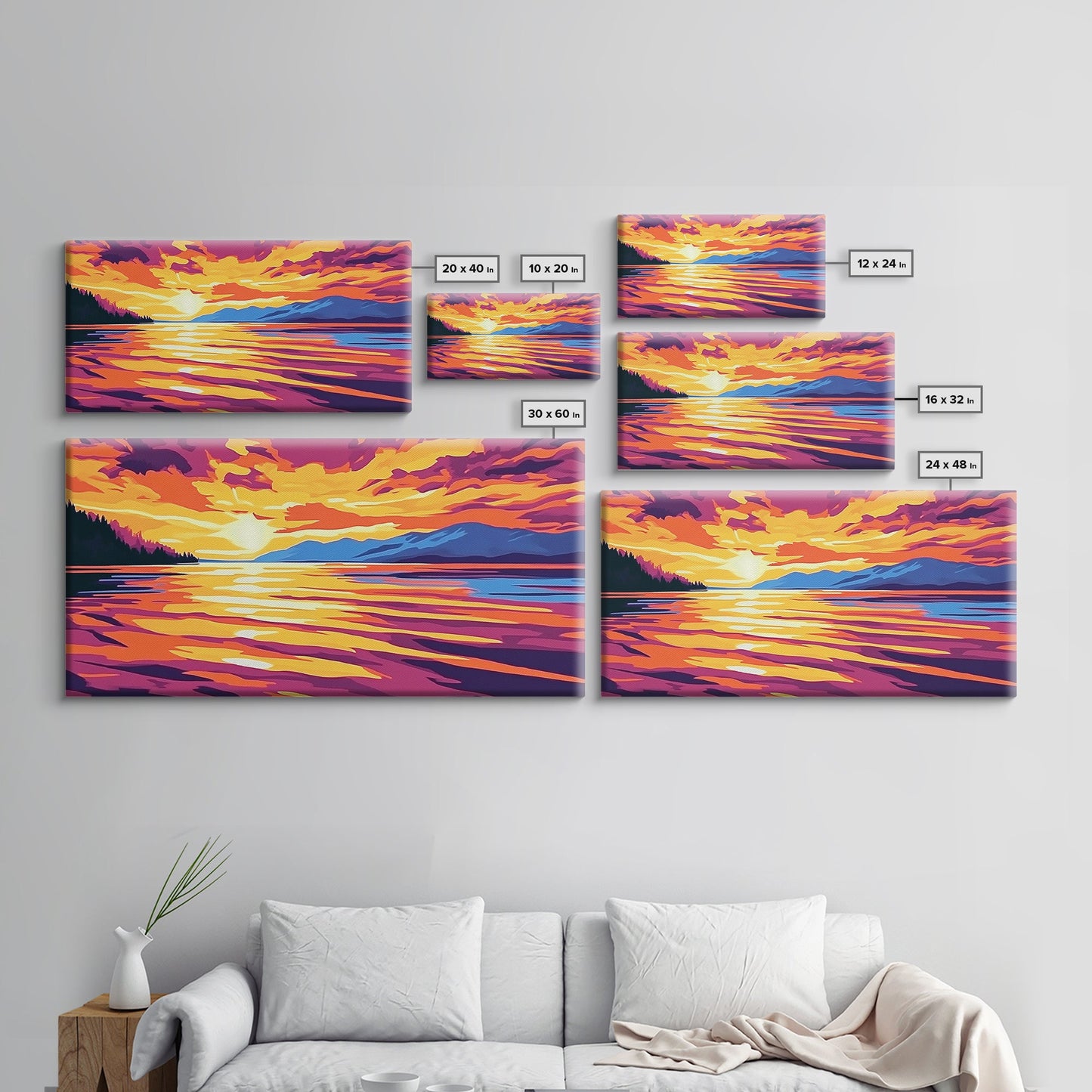 Sunset Glow, Serene Lake Reflection, Mountain Landscape Art, Vibrant Sky Painting, Framed Canvas Print, Office Wall Decor, Modern Home Art