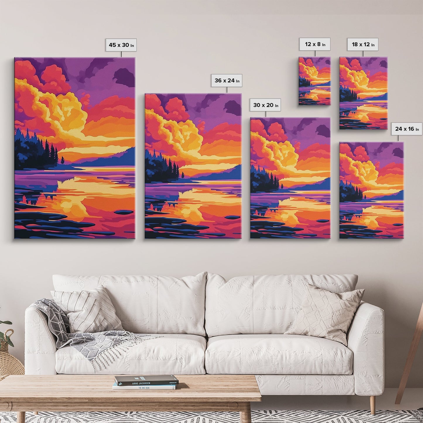 Tranquil Lake, Vibrant Sunset, Reflection Art, Serene Scene, Framed Canvas Print, Living Room Wall Art, Nature Decor, Landscape Painting