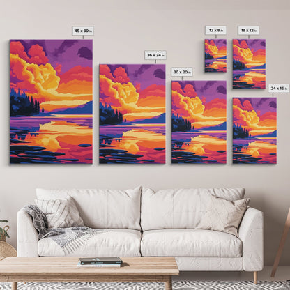 Tranquil Lake, Vibrant Sunset, Reflection Art, Serene Scene, Framed Canvas Print, Living Room Wall Art, Nature Decor, Landscape Painting