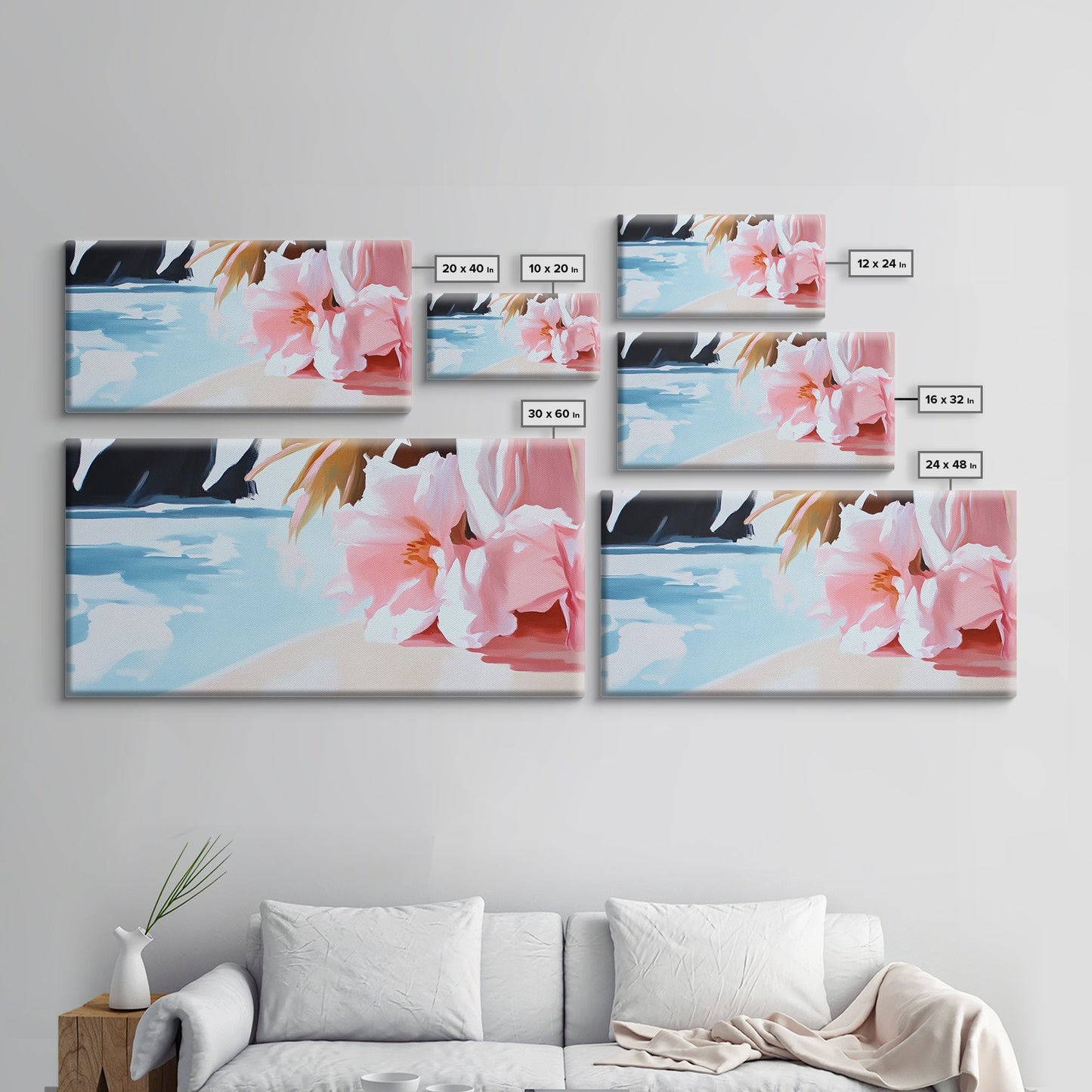 Blossom Beach, Floral Seascape, Coastal Art, Pastel Wall Decor, Living Room Art, Canvas Print, Minimalist Nature Painting, Tranquil Artwork