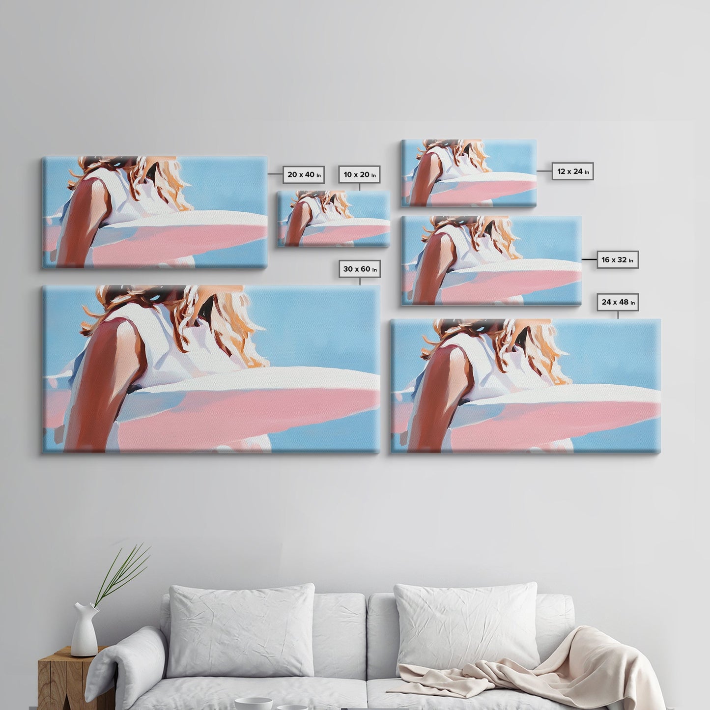 Surfer Girl, Beach Art, Ocean Waves, Canvas Print, Boho Wall Decor, Coastal Bedroom Art, Summer Painting, Modern Minimalist Artwork