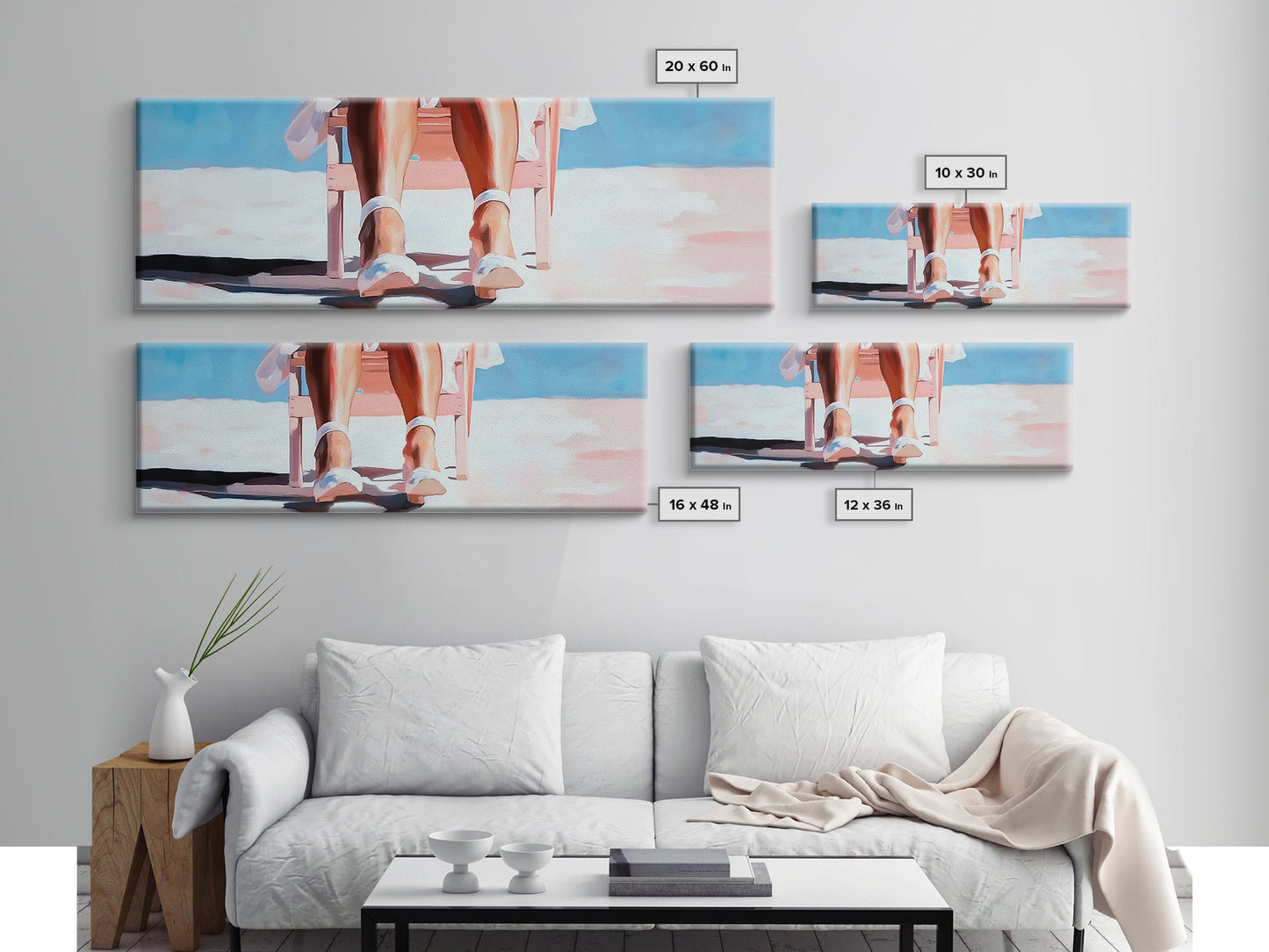 Woman Relaxing, Beach Chair Art, Coastal Summer Scene, Framed Canvas Print, Minimalist Boho Decor, Serene Seaside Home Artwork