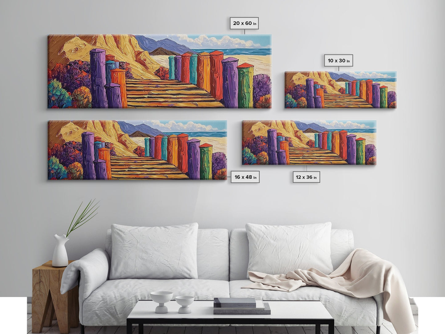 Colorful Cabins, Beach Path, Coastal Walkway, Vibrant Landscape, Canvas Print, Entryway Wall Art, Beach House Art, Bold Palette Decor