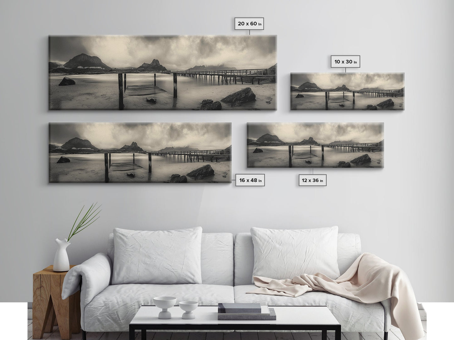 Dockside Calm, Stormy Shore, Ocean Jetty, Framed Canvas Print, Moody Coastal Wall Art, Living Room Art, Rustic Lakehouse Decor