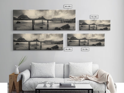 Dockside Calm, Stormy Shore, Ocean Jetty, Framed Canvas Print, Moody Coastal Wall Art, Living Room Art, Rustic Lakehouse Decor