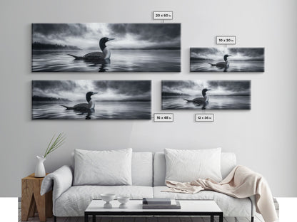 Northern Loon, Water Calm, Moody Wildlife, Canvas Print, Nature Wall Decor, Black and White Animal Art, Lakehouse Wall Art