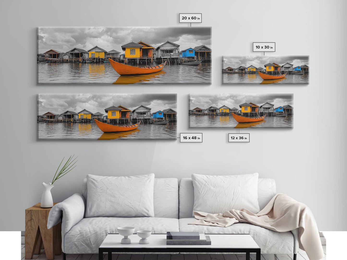 Colorful House Boats, Yellow Stilt Village, Framed Canvas Print, Vibrant Coastal Wall Art, Travel Photography, Living Room Accent Decor