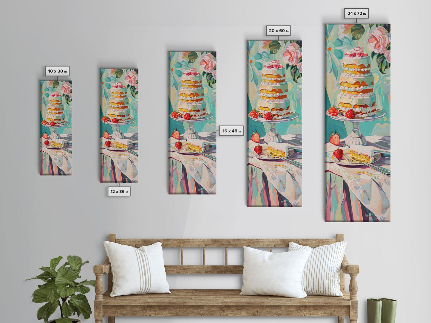 Cake Wall Art Framed and Printed on Canvas, Wall Art for Kitchen or Bakery, Food Art Print, Tall and Narrow Colorful Art for Kitchen