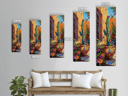Colorful Canvas Painting of Cactus Framed, Botanical Wall Art Print, Spanish Inspired Canvas Painting, Long and Narrow Living Room Wall Art
