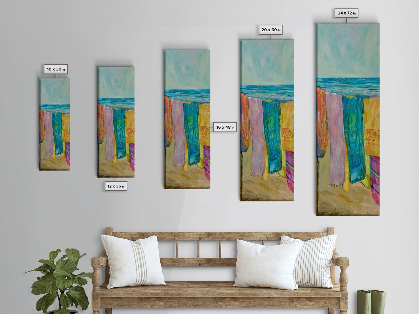 Colorful Laundry on Beach Landscape Art Print, Vertical Oversized Living Room Canvas Print Framed, Framed Wall Art for Laundry Room