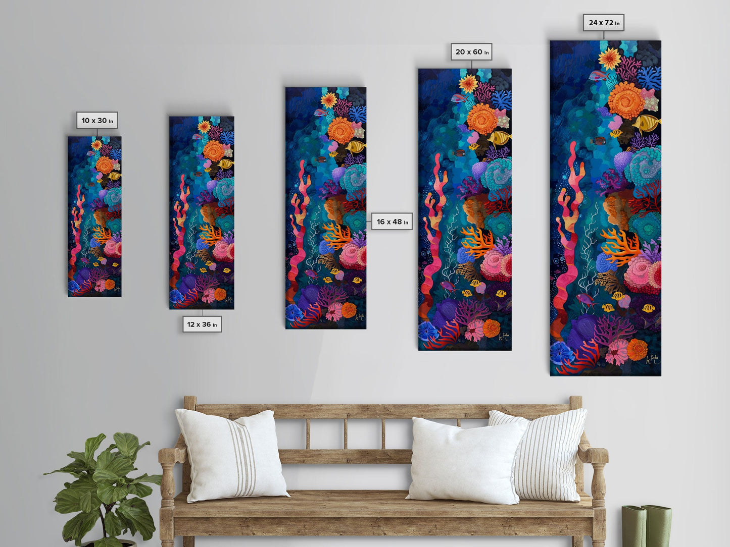 Colorful Underwater Art Print, Vibrant Wall Art Framed on Canvas, Black Light Poster, Fish Poster Art, Vertical Canvas Art, Living Room Art