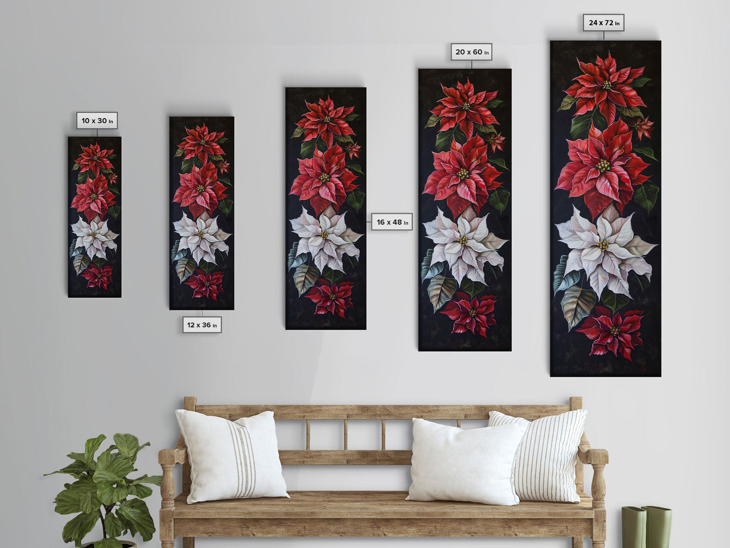 Colorful Botanical Poinsettia Canvas Art Printed and Framed, Vertical Tall and Narrow Floral Art Print, Modern Wall Art, Housewarming Gift