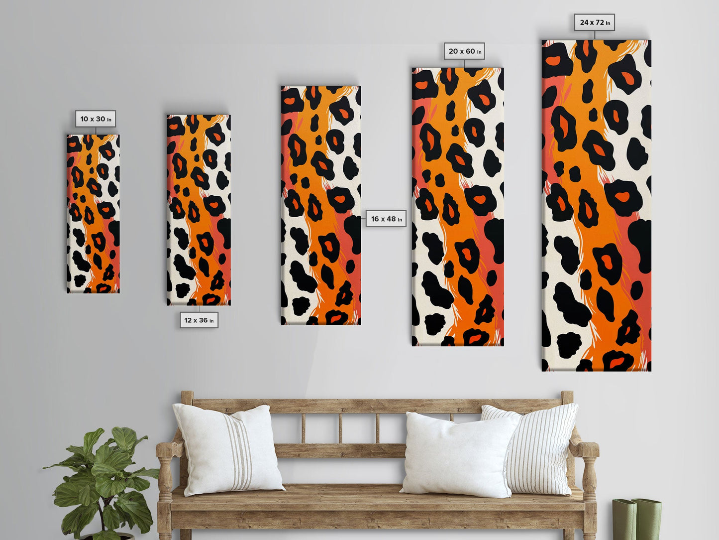 Bold Leopard Print in Orange and Black - Framed Canvas Print, Midcentury Modern Wall Art, Skinny Art, Tall Art, Living Room Decor