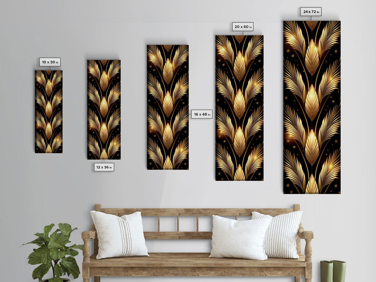 Gold Leaf Pattern on Black Background - Framed Canvas Print, Midcentury Modern Art, Skinny Art, Tall Art, Living Room Wall Decor, Minimalist Art