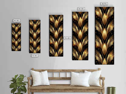Gold Leaf Pattern on Black Background - Framed Canvas Print, Midcentury Modern Art, Skinny Art, Tall Art, Living Room Wall Decor, Minimalist Art
