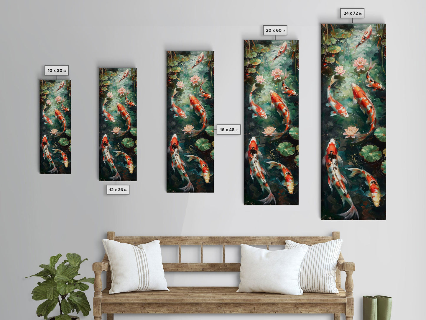 Mystic Forest Pond Koi Fish Boho Farmhouse Wall Art Framed Canvas Print Tall Art Japanese Style Art