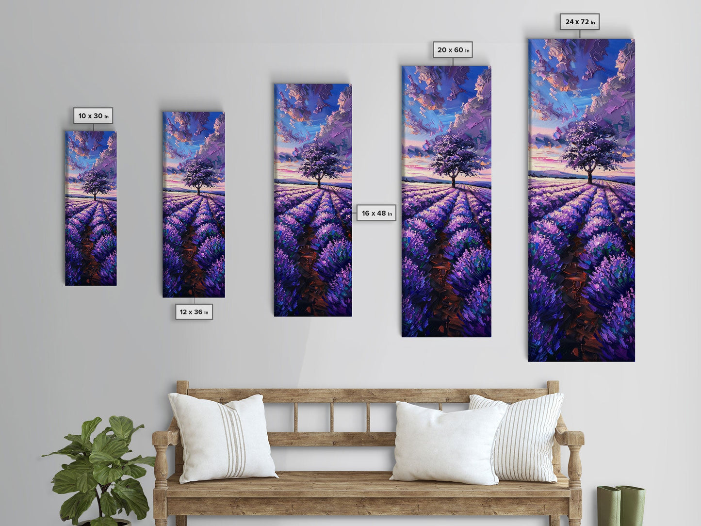 Majestic Lavender Tree in a Flower Field, Skinny and Tall Art, Serene Framed Canvas Print, Peaceful Home Decor