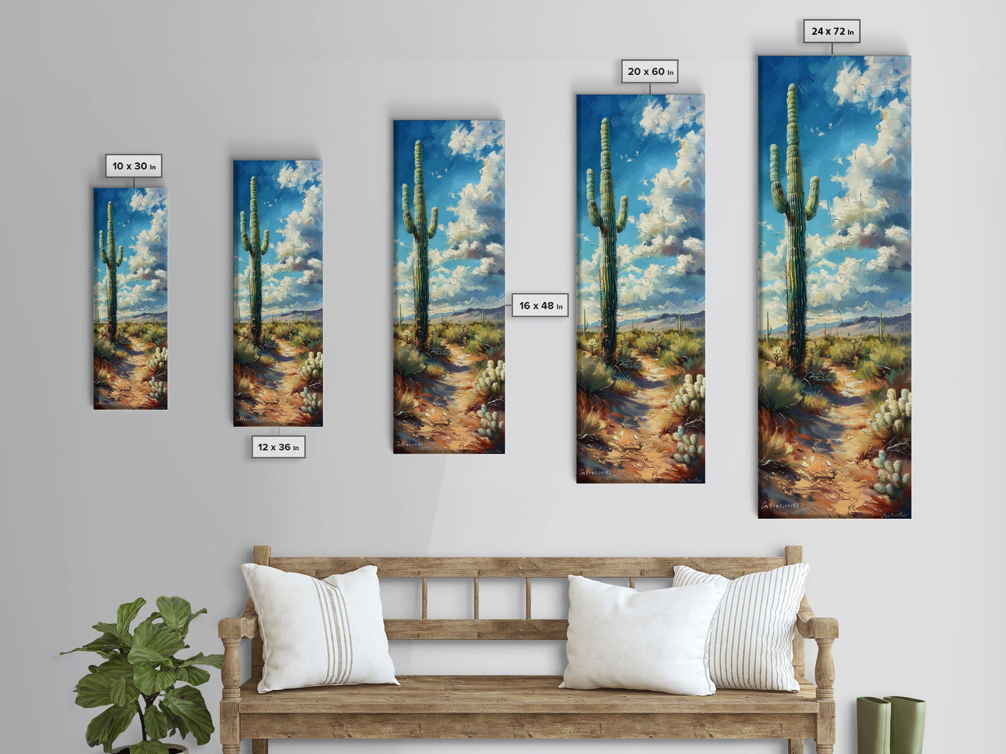 Iconic Saguaro Cactus in a Desert Landscape Under a Bright Blue Sky on a Framed Canvas Print Tall Art Piece