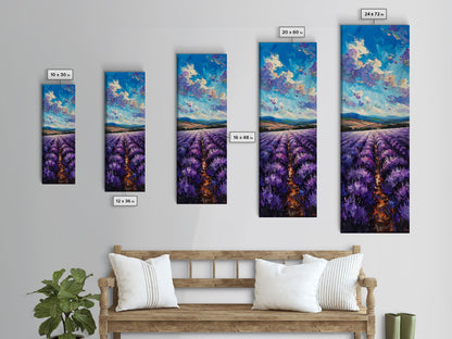 Framed Canvas Print of Wide Lavender Fields Under a Bright Sky Featuring Skinny Tall Art for Stunning Wall Decor in Home or Office