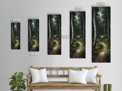 Mysterious Birch Forest Path Tall Skinny Art Framed Canvas Print for Serene and Calming Wall Decor in Homes or Offices