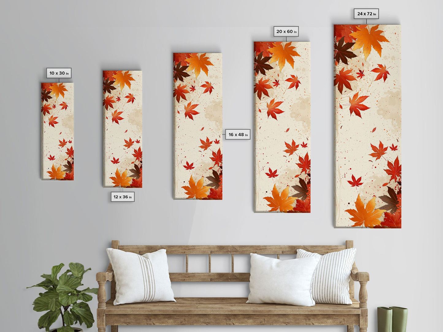 Skinny Art Autumn Leaves In Japanese Style Wood Block Print Warm Red And Orange Tones On Framed Canvas Print, Tall Art Ukiyo-e