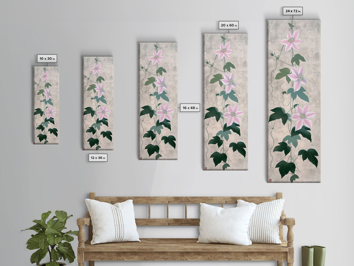 Skinny Art Clematis Vine In Japanese Style Wood Block Print Soft Pink Flowers On Framed Canvas Print, Tall Art Ukiyo-e