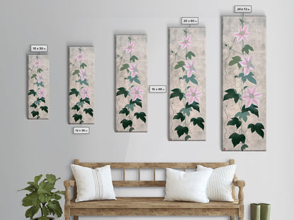 Skinny Art Clematis Vine In Japanese Style Wood Block Print Soft Pink Flowers On Framed Canvas Print, Tall Art Ukiyo-e