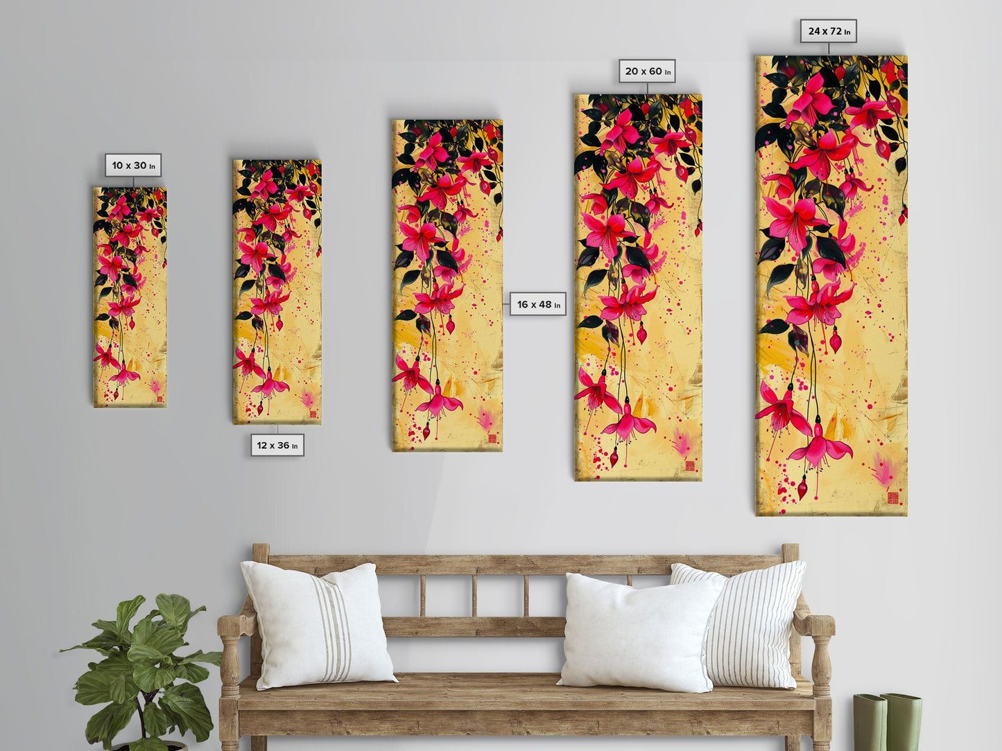 Skinny Art Tall Art Framed Canvas Print Bold Fuchsia Flowers In Dynamic Composition Over A Vibrant Yellow Background Ukiyo-e Japanese Style Art