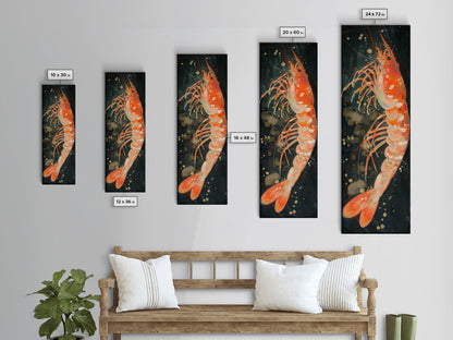 Shrimp Illustration Underwater Theme Deep Sea Skinny Art Tall Art Framed Canvas Print Japanese Style Art Ukiyo-e Art Wood Block Print Marine Life