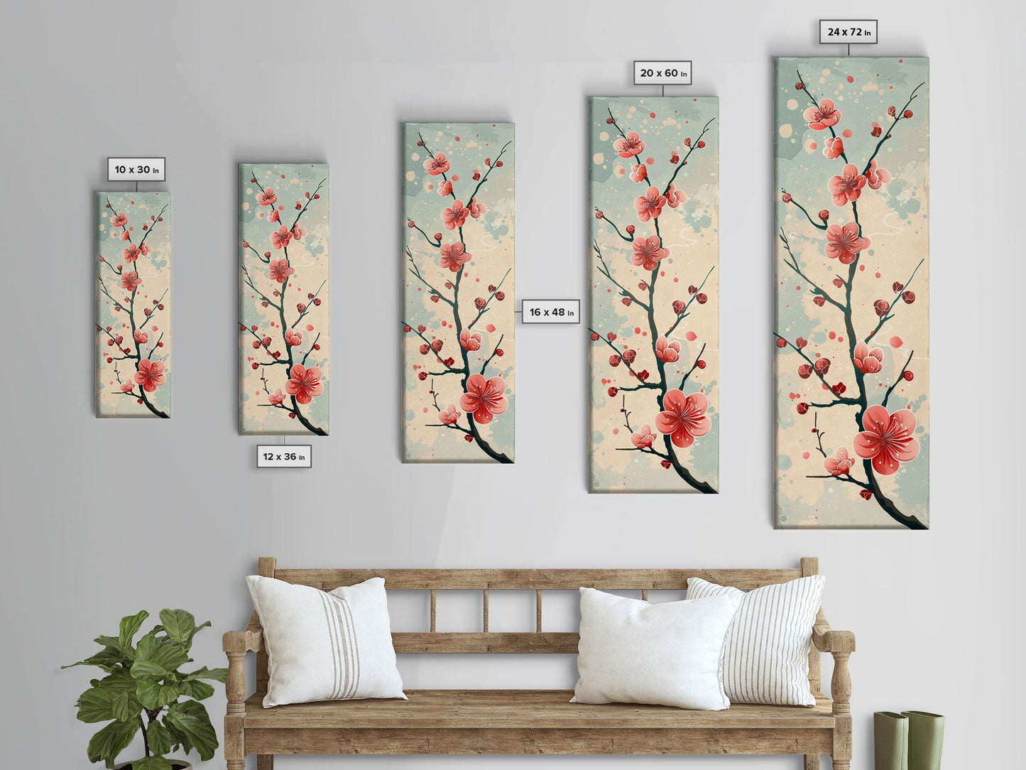 Peach Blossoms On Branch With Soft Pastel Background Tall Art Skinny Art Framed Canvas Print Japanese Style Art Ukiyo-e Wood Block Print