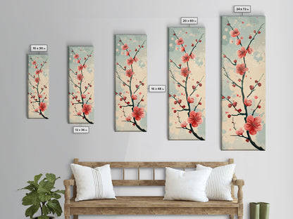 Peach Blossoms On Branch With Soft Pastel Background Tall Art Skinny Art Framed Canvas Print Japanese Style Art Ukiyo-e Wood Block Print
