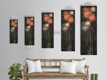 Colorful Fireworks Display Against A Dark Night Sky, Skinny Art Tall Wall Art Framed Canvas Print Japanese Style Art