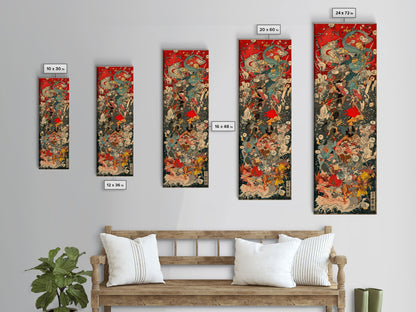Complex Samurai Battle Scene With Mythical Creatures Framed Canvas Print Ukiyo-e Wall Art Wood Block Print Tall Art Japanese Style Skinny Art
