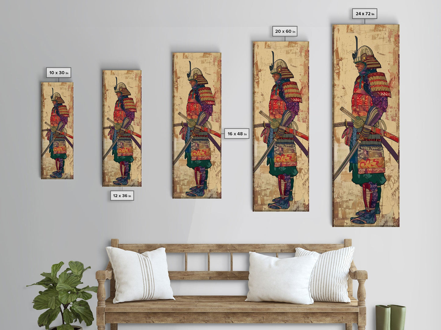 Samurai Warrior Traditional Japanese Armor Cultural Art On Framed Canvas Print Ukiyo-e Art Style Tall Skinny Wood Block Wall Decor