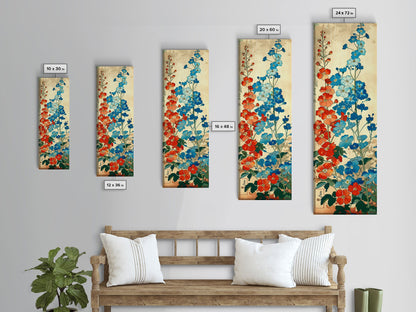 Delphinium Flowers Japanese Garden Art In Traditional Ukiyo-e Style Framed Canvas Print Tall Skinny Wood Block Floral Wall Decor