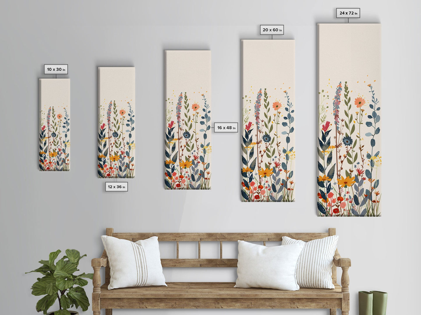 Colorful Wildflowers Whimsical Arrangement Set Against Light Background Tall Framed Canvas Print Brightening Any Space